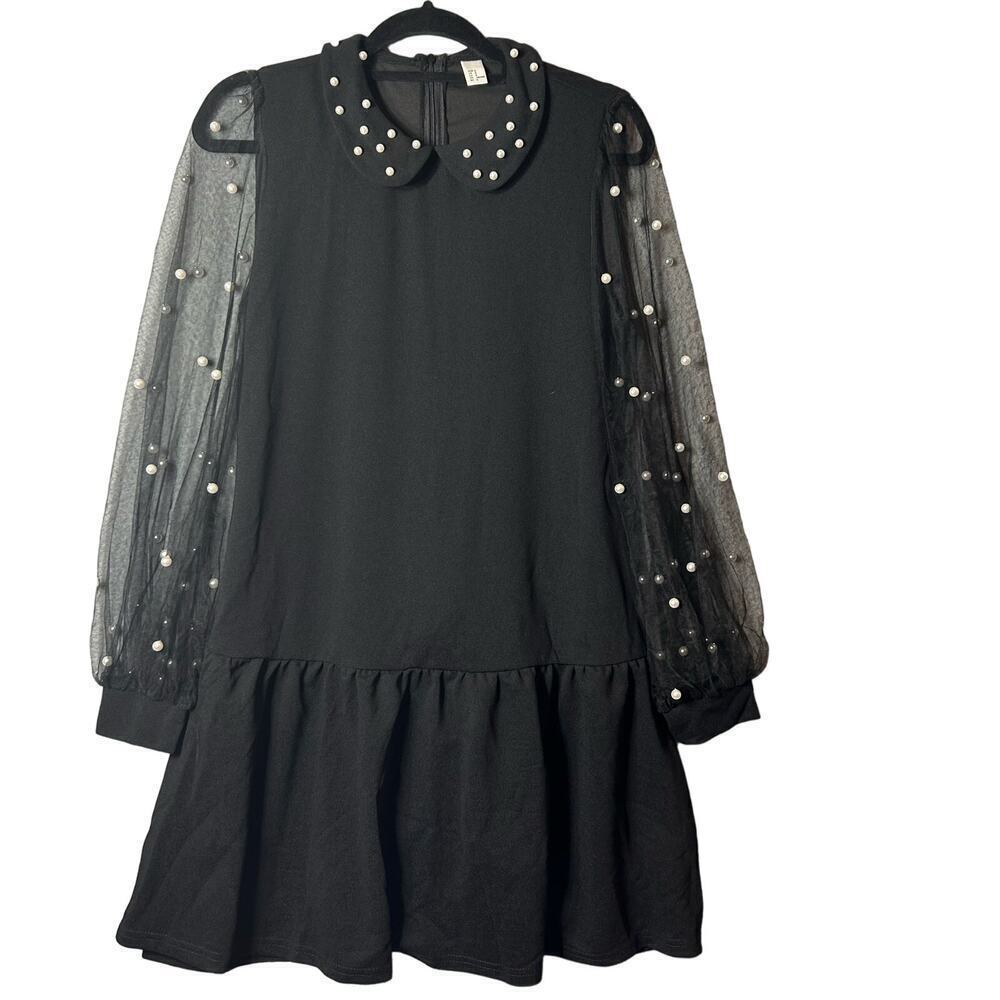 Dress Womens S Black Pearl Beaded Tie Neck Mesh Bishop Sleeve Wedding Formal